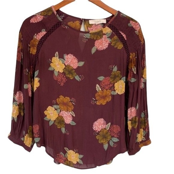 LOFT Burgundy Floral Long Sleeve Key Hole Back Blouse Ruched Crochet Lace Flowy - Picture 1 of 15